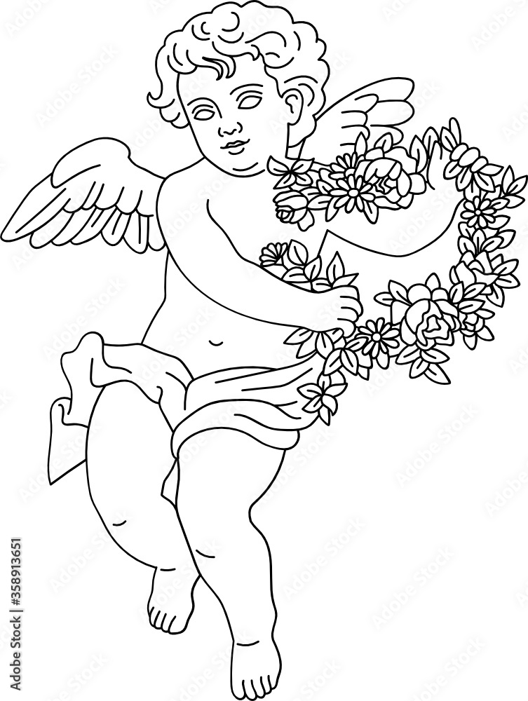 minimalist line art of a child angel cherub with wings carrying a wreath minimalist line art of a child angel cherub with wings carrying a wreath