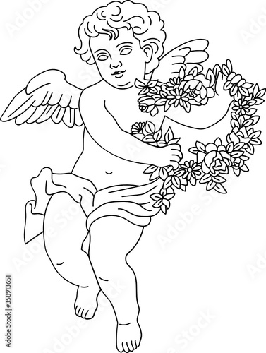 minimalist line art of a child angel cherub with wings carrying a wreath