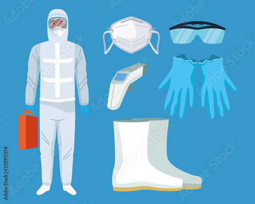 biosafety worker with equipment elements for covid19 protection