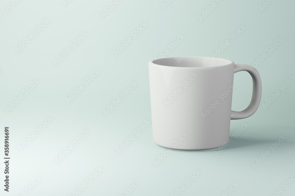 White mug mockup 3d rendering isolated on soft light blue background White mug mockup 3d rendering isolated on soft light blue background