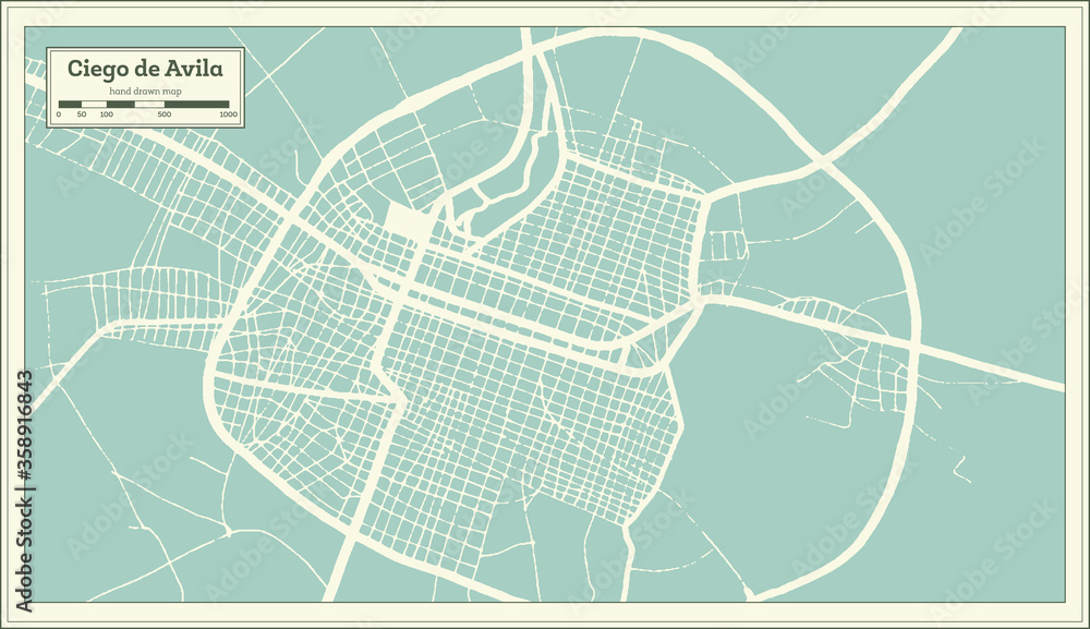 Ciego de Avila Cuba City Map in Retro Style. Outline Map.