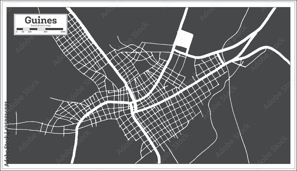 Guines Cuba City Map in Retro Style. Outline Map.