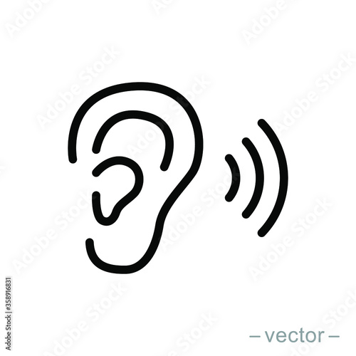 Ear vector icon, hearing symbol. Simple, flat design for web or mobile app