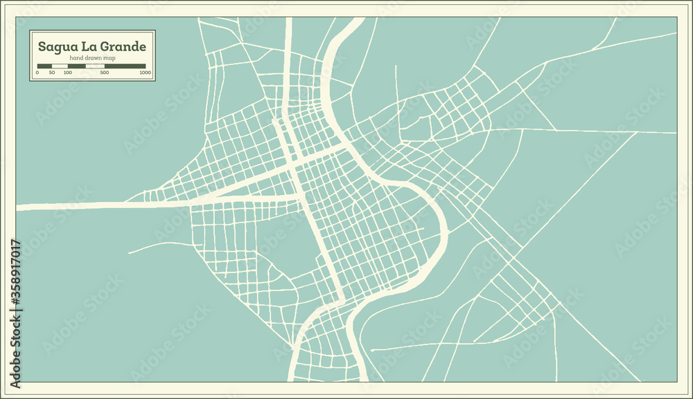 Sagua La Grande Cuba City Map in Retro Style. Outline Map.