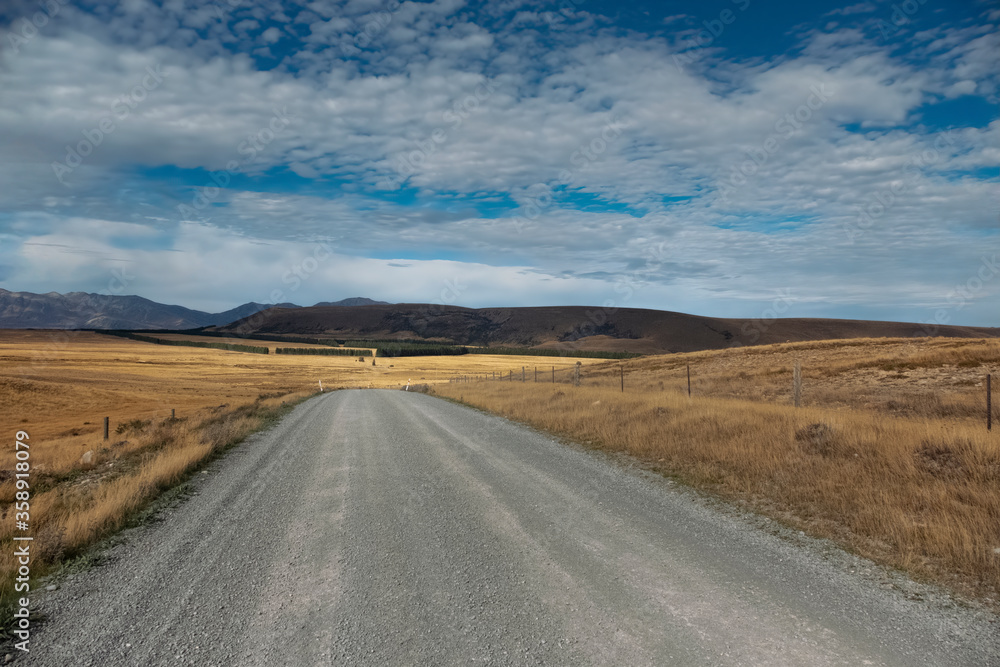 View along Braemer Rd near Lake Tekapo, South Island, New Zealand View along Braemer Rd near Lake Tekapo, South Island, New Zealand