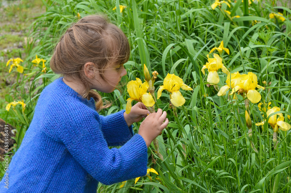 caucasian girl playing with flowers in nature caucasian girl playing with flowers in nature