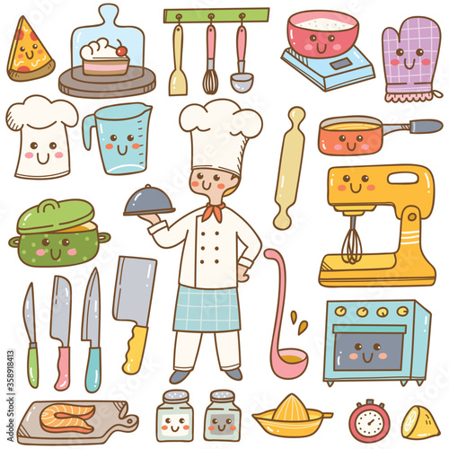 Cartoon chef with cooking equipment kawaii doodle