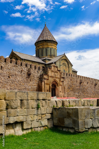 It's Svetitskhoveli Cathedral (Living Pillar Cathedral), a Georgian Orthodox cathedral located in the historical town of Mtskheta, Georgia. UNESCO World Heritage photo