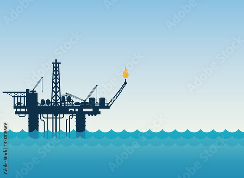 Vector illustration of an offshore oil rig silhouette on a blue green sea.