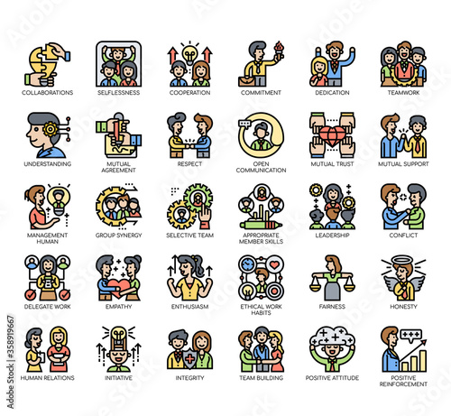 Set of Teamwork and cooperation thin line and pixel perfect icons for any web and app project.