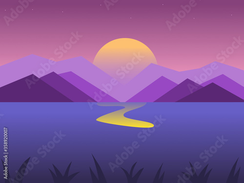 Vector illustration of lake and mountain at sunset time.