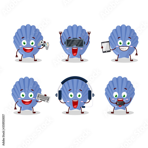 Blue shell cartoon character are playing games with various cute emoticons