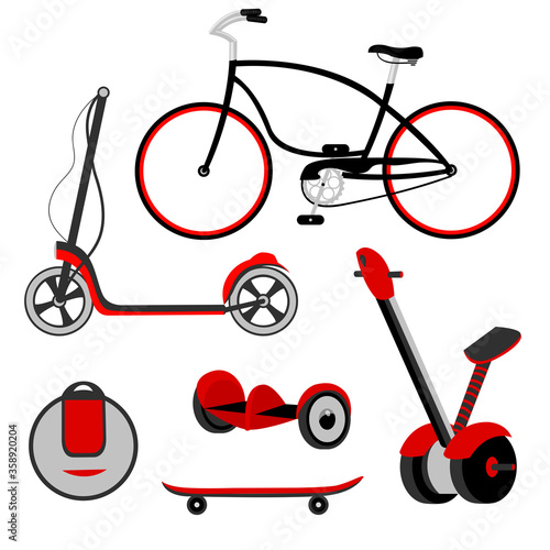 bicycle. scooter. self-balancing scooter. skateboard. monocycle. electric transport. sports transport. vector. set