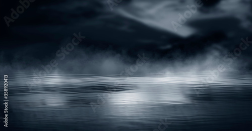 Dramatic dark background. Reflection of light on the water. Smoke Fog  rays  the moon. Empty night scene  landscape  river  clouds. 3d illustration