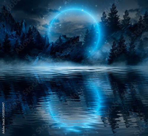 Futuristic night landscape with abstract landscape and island  moonlight  shine. Dark natural scene with reflection of light in the water  neon blue light.  3d illustration