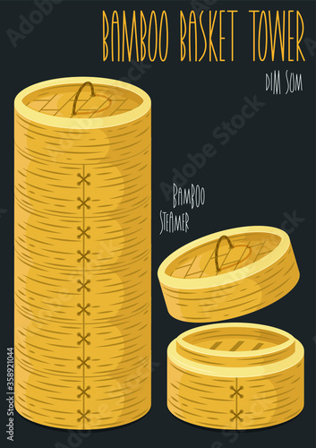 Dim sum bamboo basket tower. Vector illustration