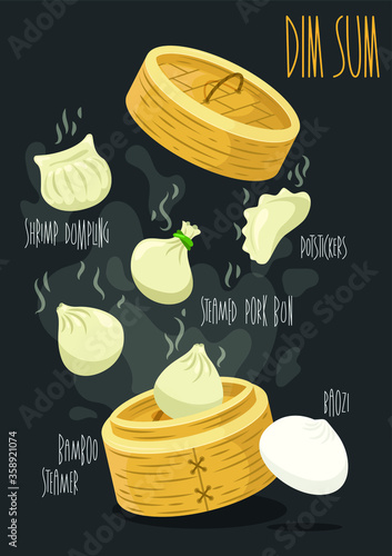 Dim Sum dumplings. Chinese traditional food. Vector illustration