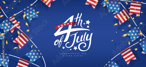 Independence day USA banner template american flags Garlands decor.4th of July celebration poster template.fourth of july calligraphy vector illustration .