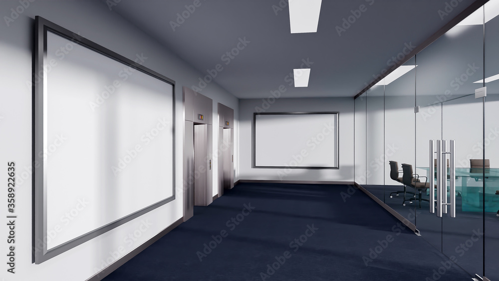 Fototapeta premium Side view with elevator and meeting room 3D rendering