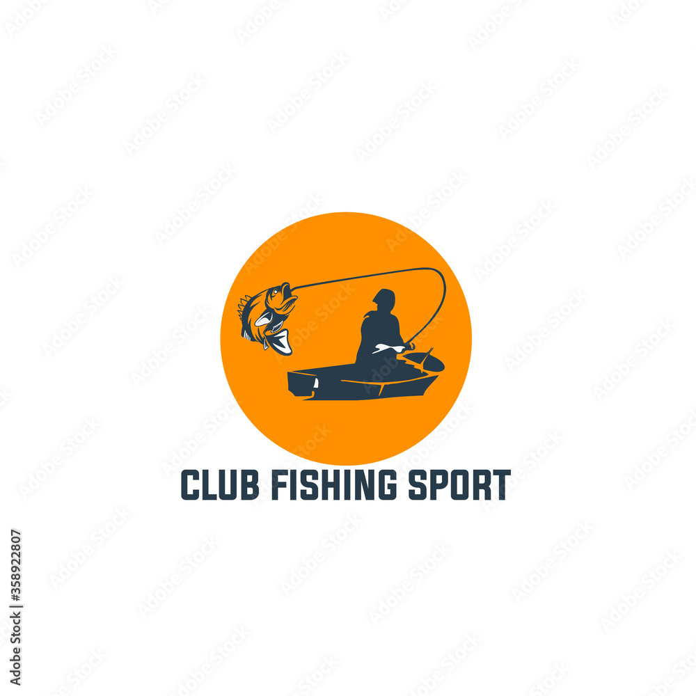 Fishing logo. Bass fish with rod club emblem. Fishing theme vector illustration. Isolated on white. Fishing logo. Bass fish with rod club emblem. Fishing theme vector illustration. Isolated on white.