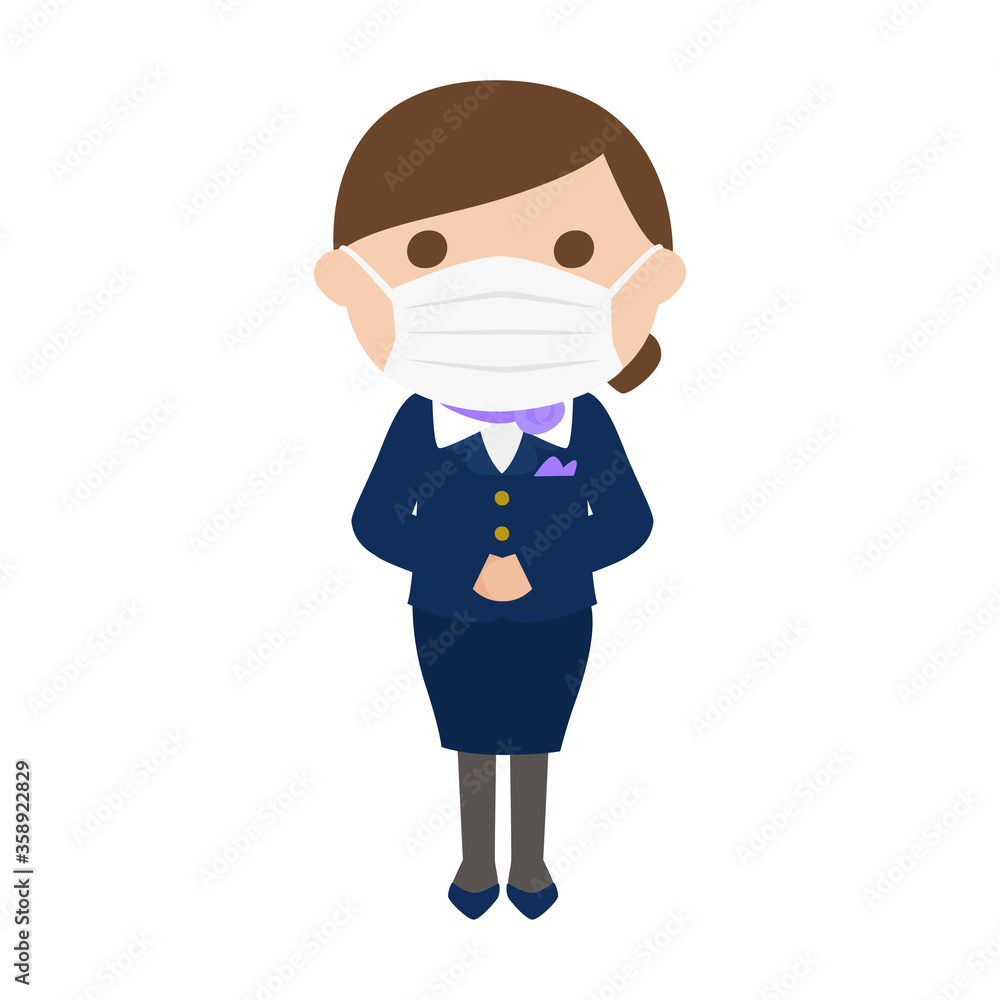 感染予防の為にマスクをしてる若い女性客室乗務員のイラスト。