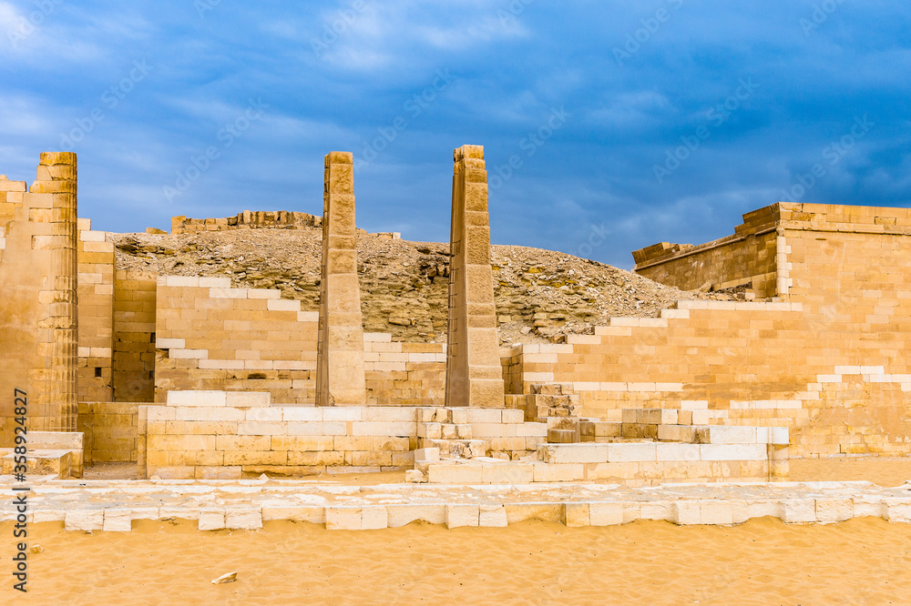 It's Ruins of the Funerary complex of Djoser, an archeological remain in the Saqqara necropolis, Egypt. UNESCO World Heritage