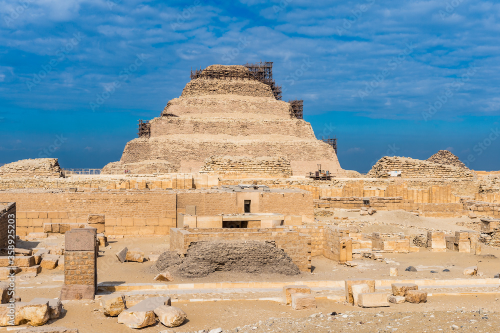 It's Pyramid of Djoser (Stepped pyramid), an archeological remain in the Saqqara necropolis, Egypt. UNESCO World Heritage It's Pyramid of Djoser (Stepped pyramid), an archeological remain in the Saqqara necropolis, Egypt. UNESCO World Heritage