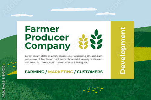 Banner for farmer producer company. Marketing and development of farm. Design for agriculture or livestock business. Vector illustration with agricultural field, text and sign of wheat for flyer, web