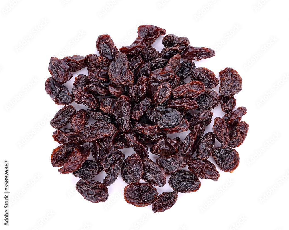 Dried raisins on white background,Top view Dried raisins on white background,Top view