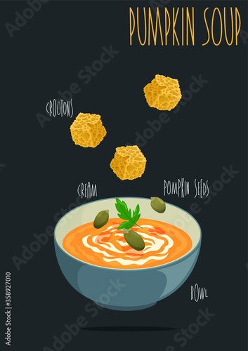 Pumpkin soup with cream. Vector illustration