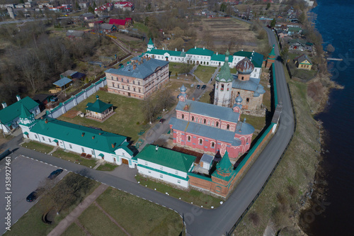 Staroladozhsky Nikolsky monastery close-up on a Sunny April day (shooting from a quadrocopter). Staraya Ladoga, Russia photo