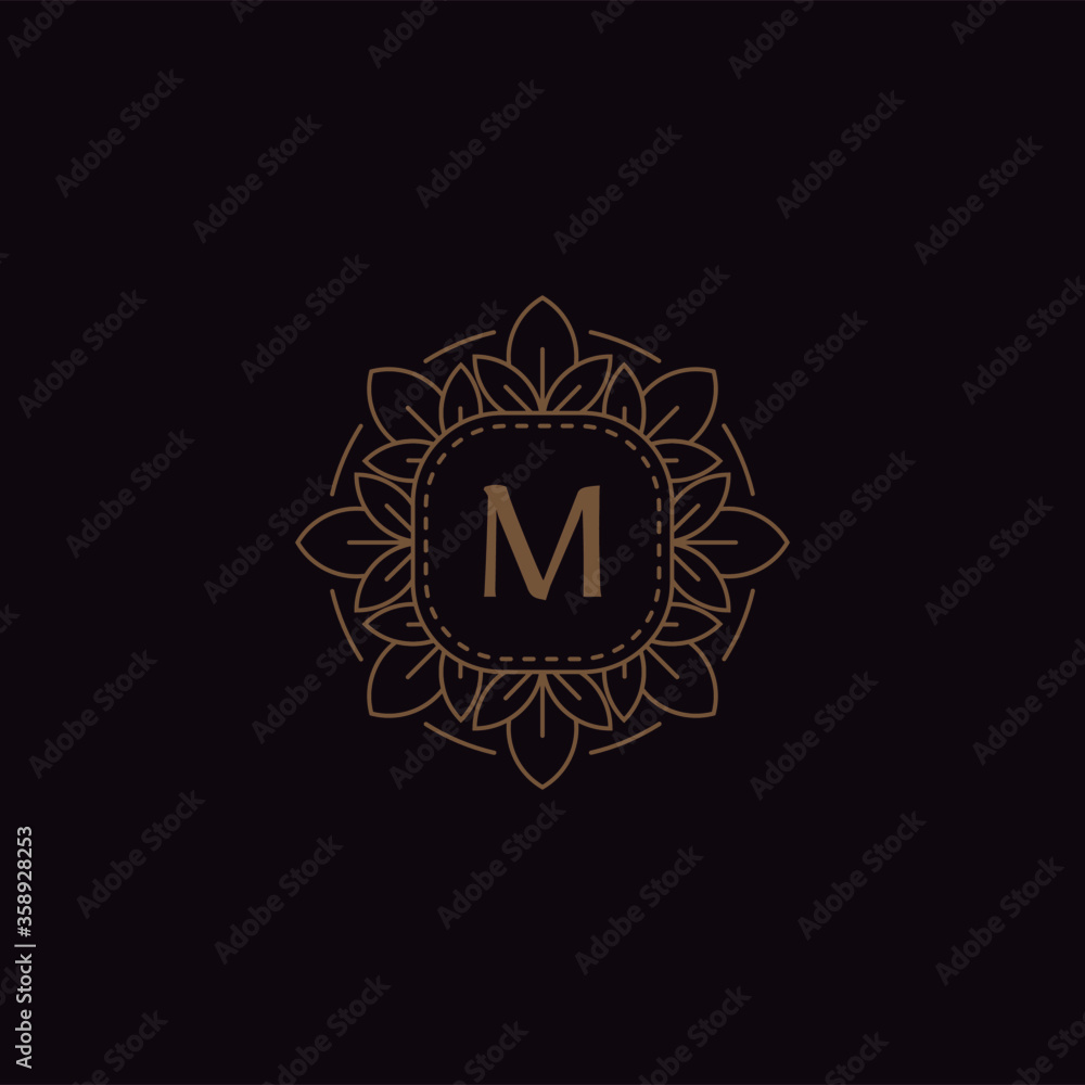 Hipster monogram M letters initials, boutique M logo floral fame wedding invitation emblem mockup. Hipster monogram M letters initials, boutique M logo floral fame wedding invitation emblem mockup.