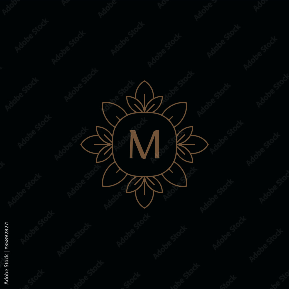 Fototapeta premium Hipster monogram M letters initials, boutique M logo floral fame wedding invitation emblem mockup.