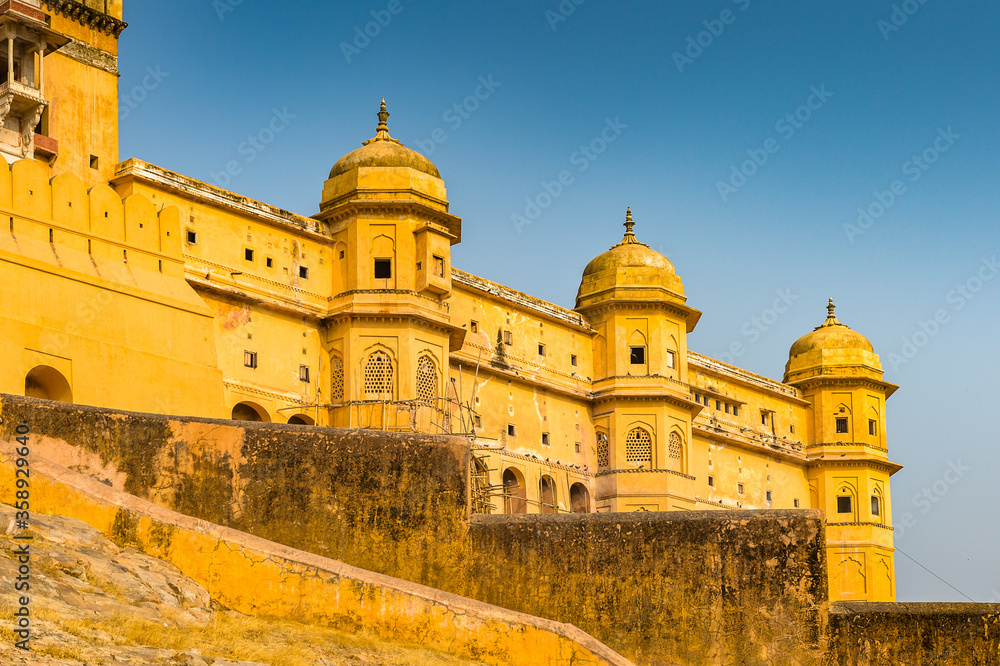 It's Walls of the Amer Fort (Amber Fort and Amber Palace), a town near Jaipur, Rajasthan state, India. UNESCO World Heritage Site as part of the group Hill Forts of Rajasthan.