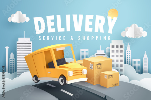 Paper art of courier van in town and ready for delivery service