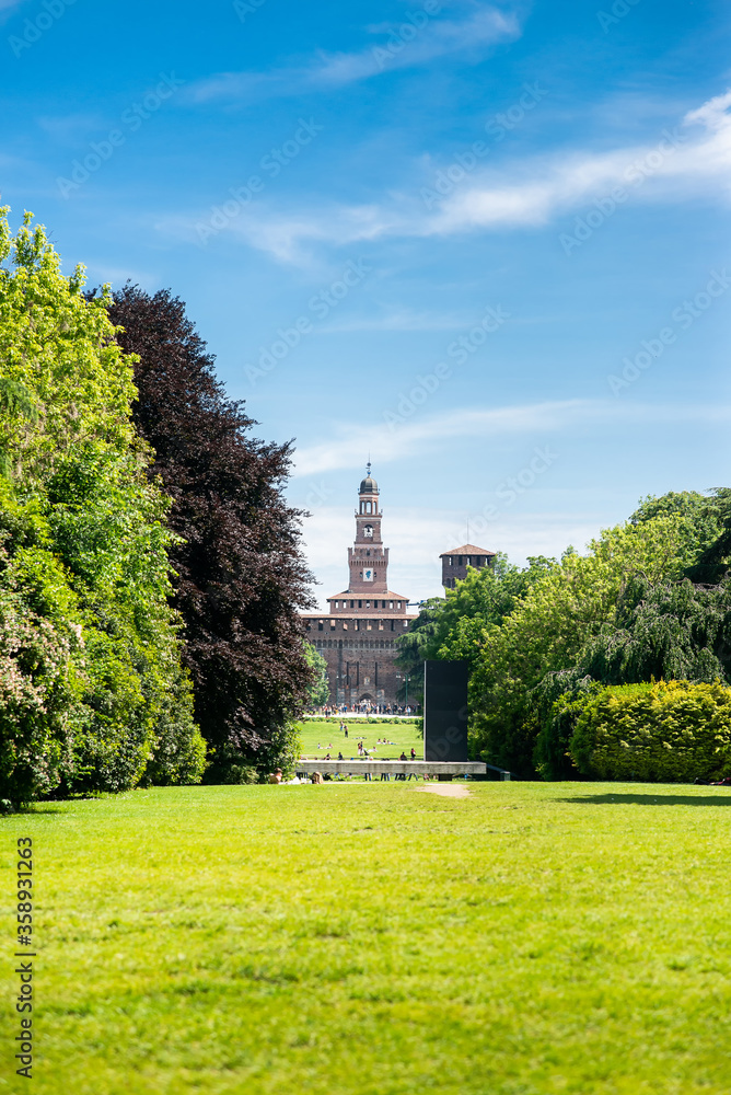 Sempione Park (Parco Sempione) in Milan, Italy. Sforza Castle. Filarete Tower.