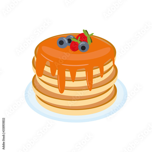 pancake with strawberries and blueberries, maple syrup, honey on a plate in vector flat style, single element for design. food, american dessert