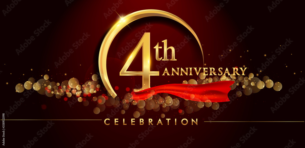 4th anniversary logo with golden ring, confetti and red ribbon isolated on elegant black background, sparkle, vector design for greeting card and invitation card