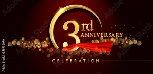 3rd anniversary logo with golden ring, confetti and red ribbon isolated on elegant black background, sparkle, vector design for greeting card and invitation card