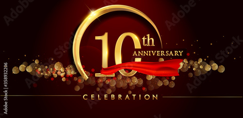 10th anniversary logo with golden ring, confetti and red ribbon isolated on elegant black background, sparkle, vector design for greeting card and invitation card
