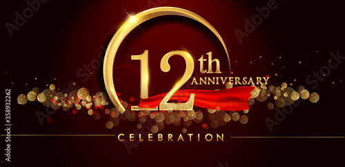12th anniversary logo with golden ring, confetti and red ribbon isolated on elegant black background, sparkle, vector design for greeting card and invitation card