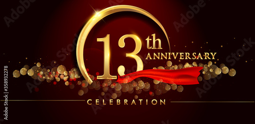 13th anniversary logo with golden ring, confetti and red ribbon isolated on elegant black background, sparkle, vector design for greeting card and invitation card