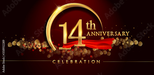 14th anniversary logo with golden ring, confetti and red ribbon isolated on elegant black background, sparkle, vector design for greeting card and invitation card