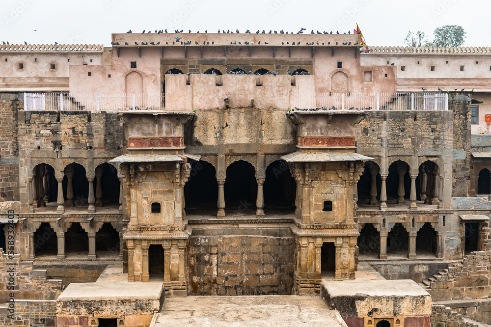 It's Part of the Chand Baori, a stepwell in the village of Abhaneri near Jaipur, state of Rajasthan. Chand Baori was built by King Chanda of the Nikumbha Dynasty