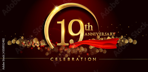 19th anniversary logo with golden ring, confetti and red ribbon isolated on elegant black background, sparkle, vector design for greeting card and invitation card