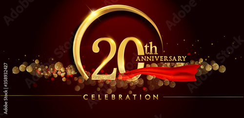 20th anniversary logo with golden ring, confetti and red ribbon isolated on elegant black background, sparkle, vector design for greeting card and invitation card