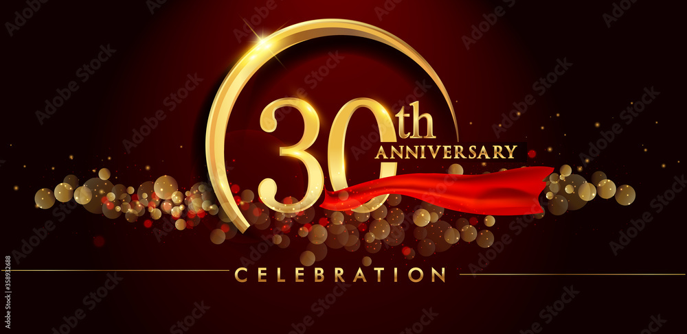 Naklejka premium 30th anniversary logo with golden ring, confetti and red ribbon isolated on elegant black background, sparkle, vector design for greeting card and invitation card