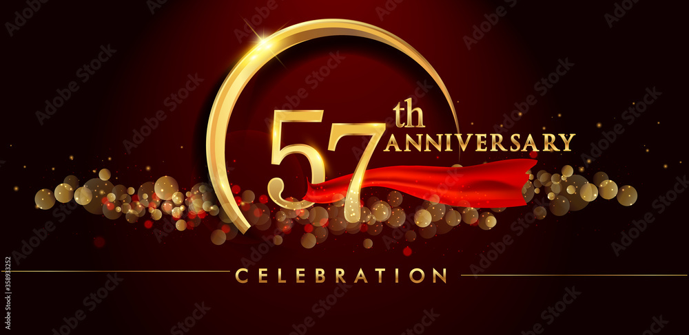 57th anniversary logo with golden ring, confetti and red ribbon isolated on elegant black background, sparkle, vector design for greeting card and invitation card