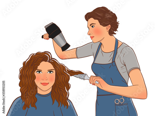 a woman hairdresser dries the hair of a girl with long red curly hair illustration in color