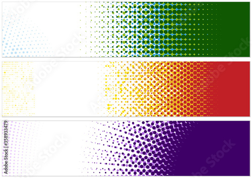 Web Banner Design Template with Halftone Pattern - Set of Three Abstract Illustrations with Colorful Dotted Effect, Vector